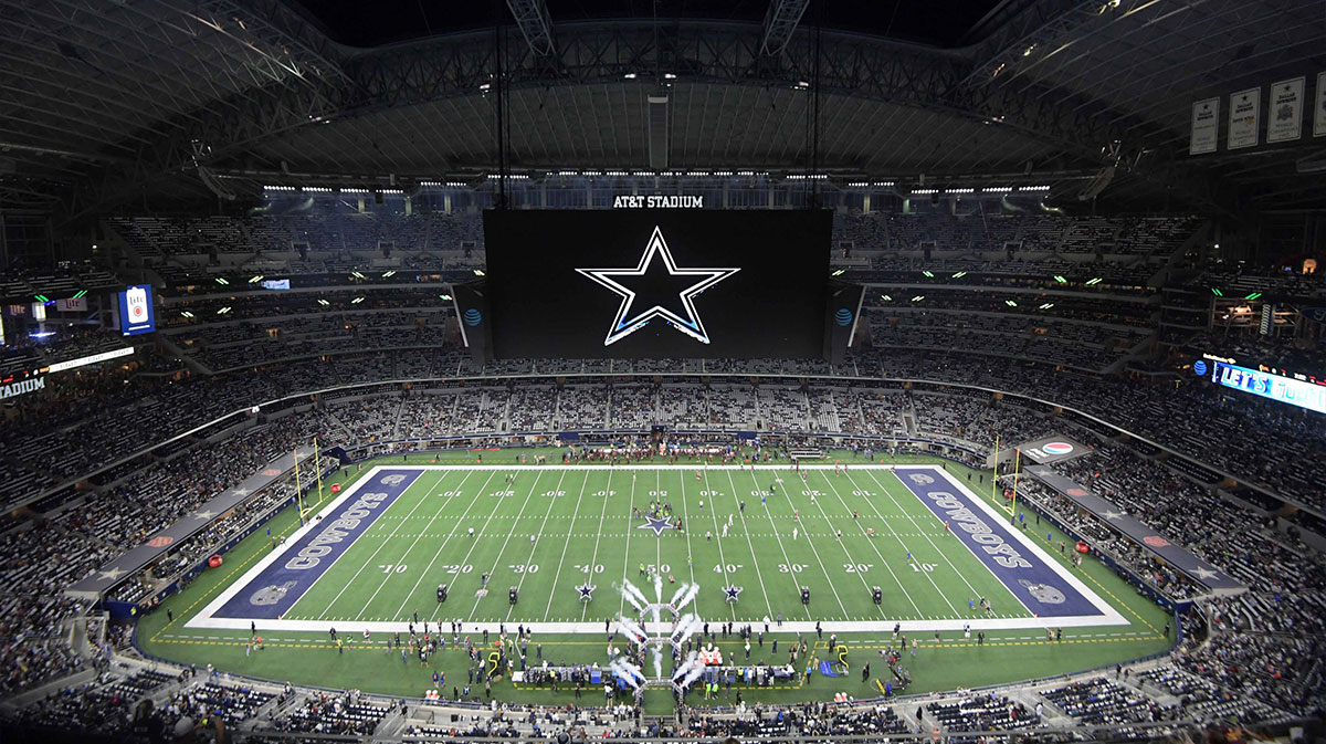 General overall view of AT&T Stadium with the Dallas Cowboys logo on the video board during an NFL football game between the Washington Redskins and the Cowboys at AT&T Stadium.