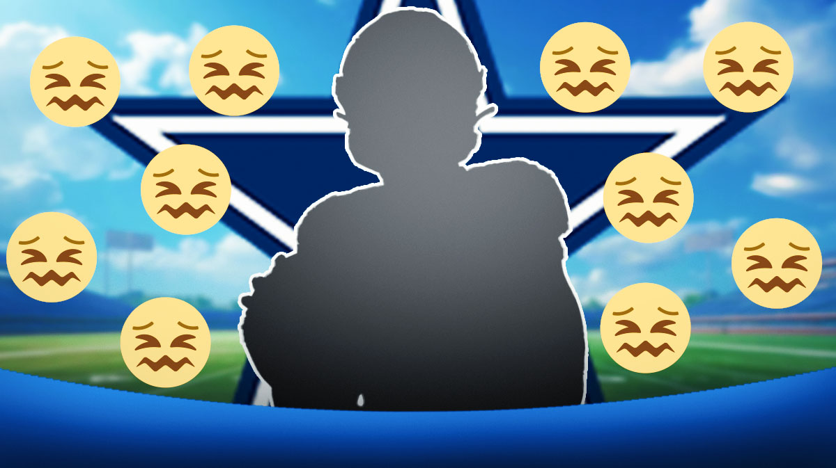 Mystery player in the middle, 😖 emojis around him, Dallas Cowboys logo in the background