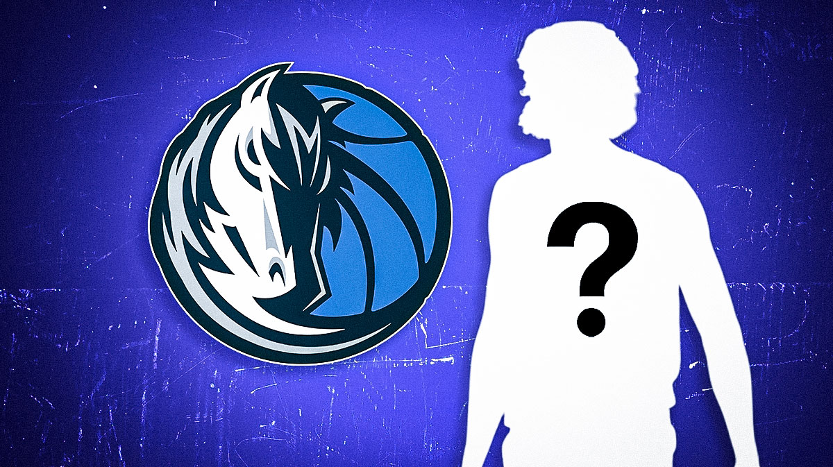 Mystery player in the middle, Question marks and Dallas Mavericks logo all over the background