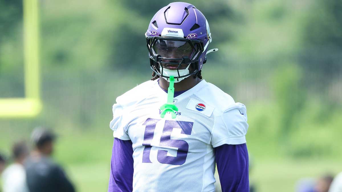 Minnesota Vikings linebacker Dallas Turner (15) looks on during minicamp at the Minnesota Vikings Training Facility.