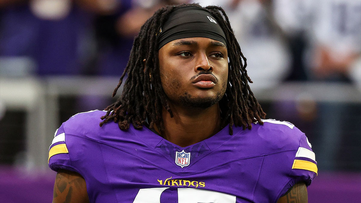 Minnesota Vikings linebacker Dallas Turner (15) looks on before the game against the Atlanta Falcons at U.S. Bank Stadium.