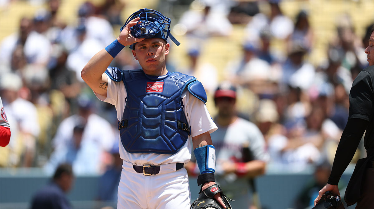Los Angeles Dodgers catcher Dalton Rushing (68) looks on during the second inning against Washington Nationals at Dodger Stadium.