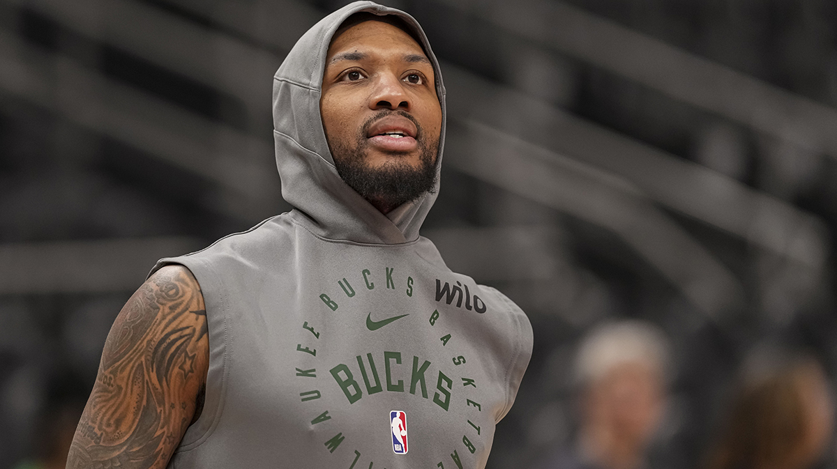 Milwaukee Bucks guard Damian Lillard (0) shown on the court prior to the game against the Atlanta Hawks at State Farm Arena.