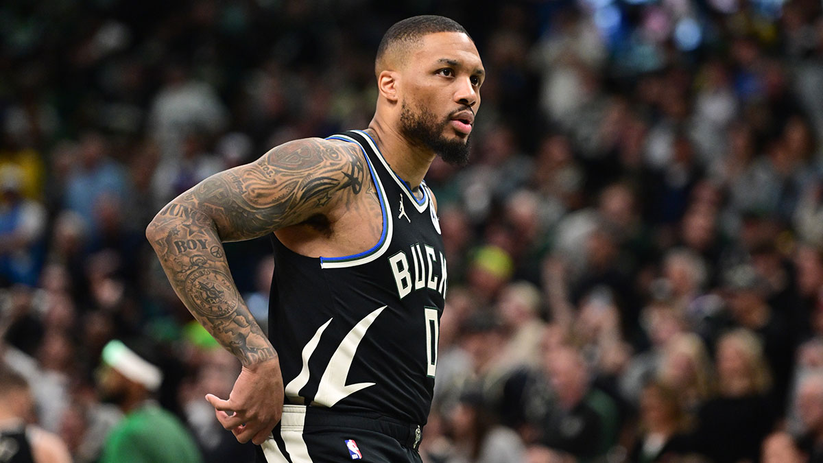 Milwaukee Bucks guard Damian Lillard (0) looks on in the first quarter during game four against the Indiana Pacers of first round for the 2024 NBA Playoffs at Fiserv Forum. Lillard left the game early in the in the first quarter with an injury.