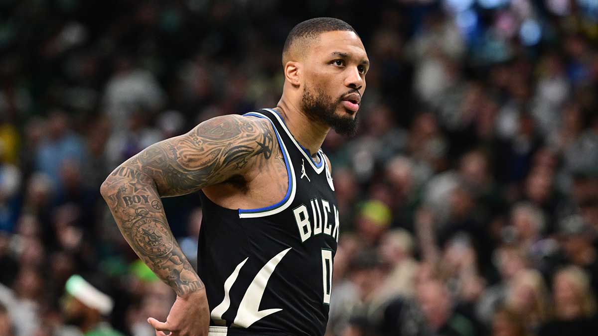 Milwaukee Bucks guard Damian Lillard (0) looks on in the first quarter during game four against the Indiana Pacers of first round for the 2024 NBA Playoffs at Fiserv Forum. Lillard left the game early in the in the first quarter with an injury.