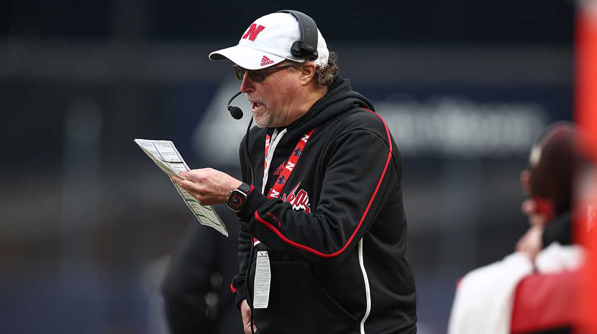 Nebraska Cornhuskers offensive coordinator Dana Holgorsen calls a play during the second half against the Boston College Eagles at Yankee Stadium.