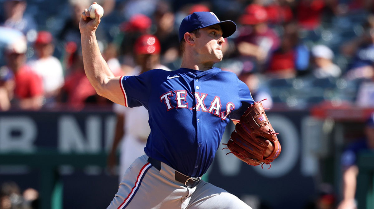 Texas Rangers relief pitcher David Robertson (37) pitches during the ninth inning against the Los Angeles Angels at Angel Stadium.