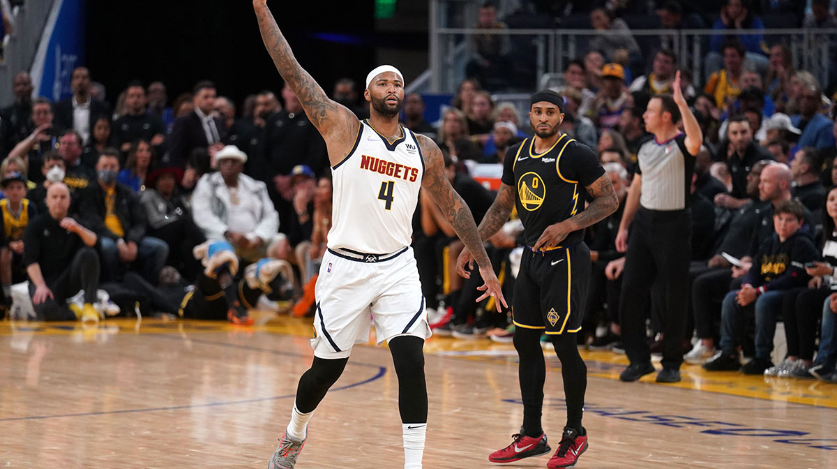Denver Nuggets center DeMarcus Cousins (4) reacts after making a three point basket against the Golden State Warriors in the third quarter during game five of the first round for the 2022 NBA playoffs at Chase Center.
