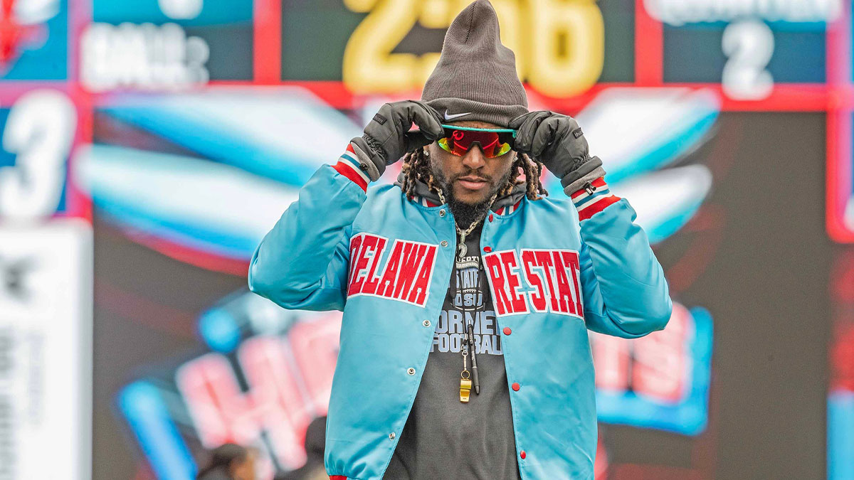 DeSean Jackson, Delaware State's new head coach and former Philadelphia Eagle, is featured during the Red-White intrasquad spring football game at Alumni Stadium in Dover on April 12, 2025.
