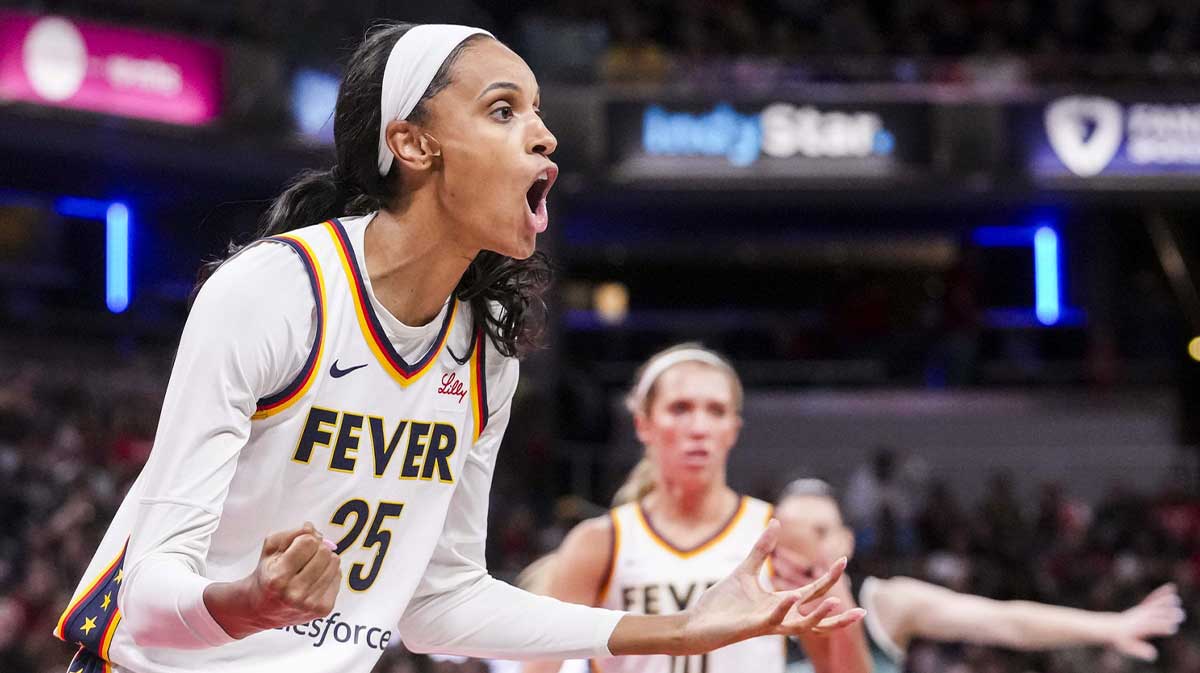 Indiana Fever forward DeWanna Bonner (25) reacts to a call Saturday, May 24, 2025, during a game between the Indiana Fever and the New York Liberty at Gainbridge Fieldhouse.