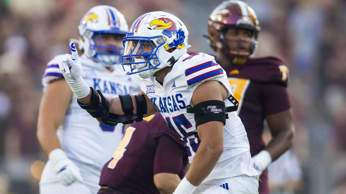 Kansas Jayhawks defensive end Dean Miller (45) celebrates a play against the Arizona State Sun Devils in the first half at Mountain America Stadium.