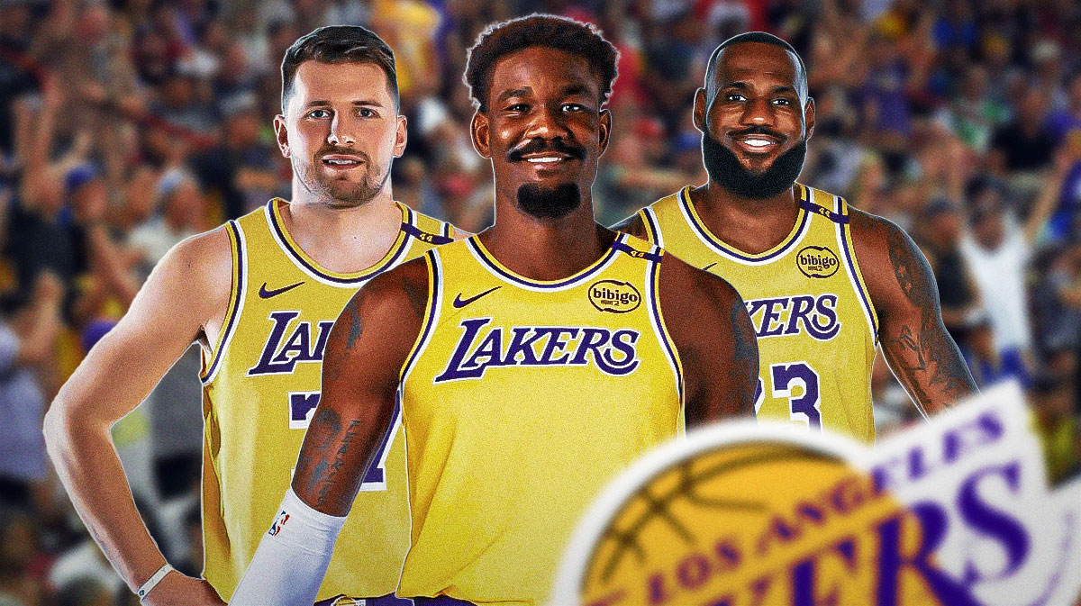 Lakers' Deandre Ayton with Luka Doncic and LeBron James
