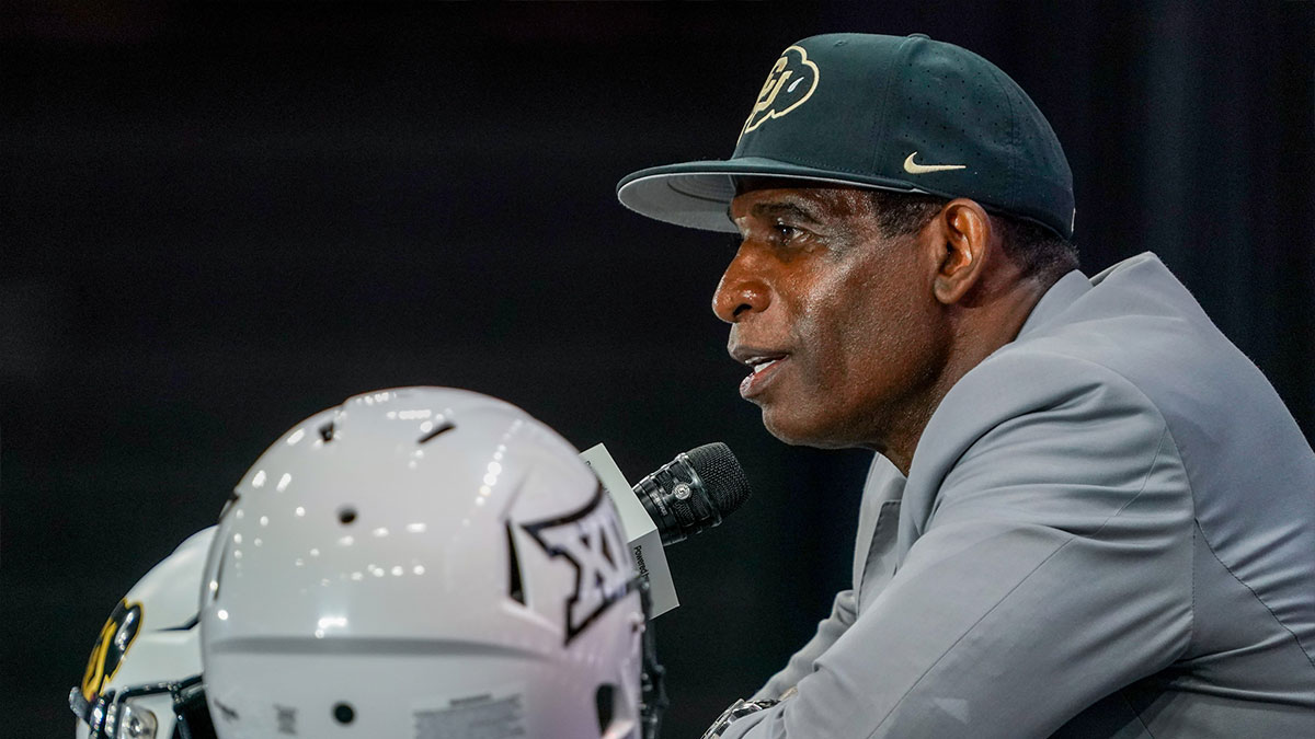 Colorado head coach Deion Sanders speaks with the media during 2025 Big 12 Football Media Days at The Star.
