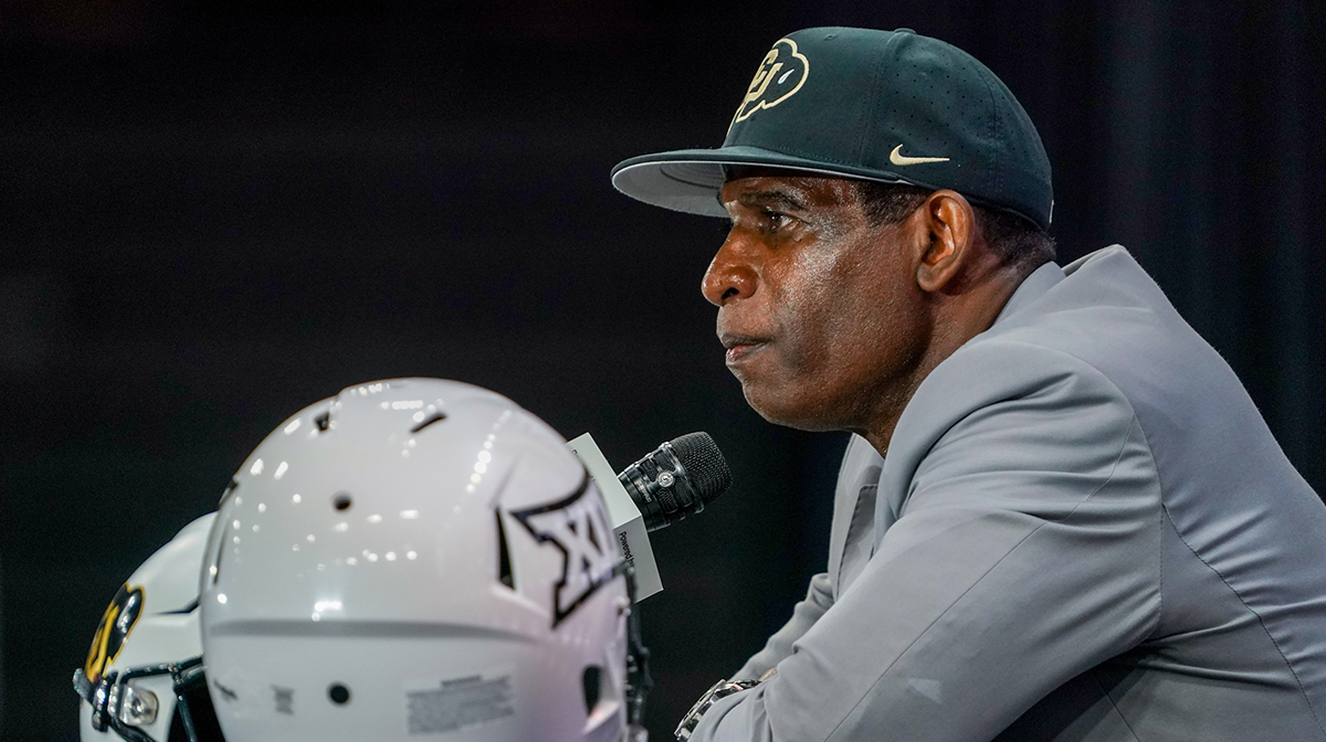 Colorado head coach Deion Sanders speaks with the media during 2025 Big 12 Football Media Days at The Star.