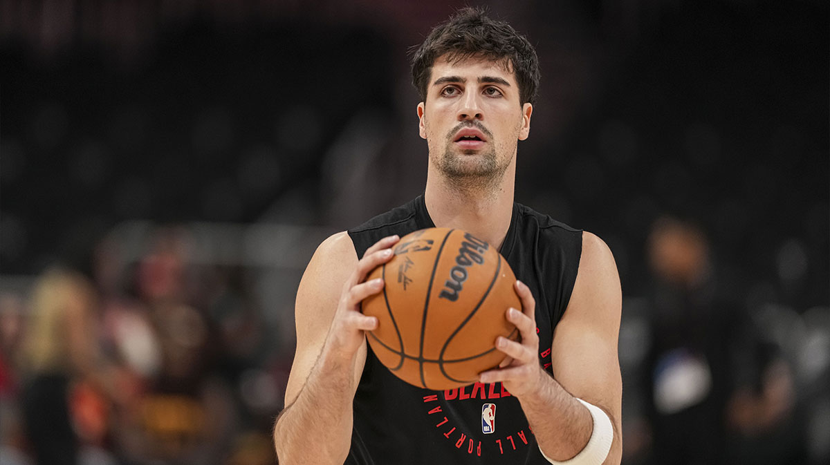 Portland Trail Blazers forward Deni Avdija (8) on the court before the game against the Atlanta Hawks at State Farm Arena.