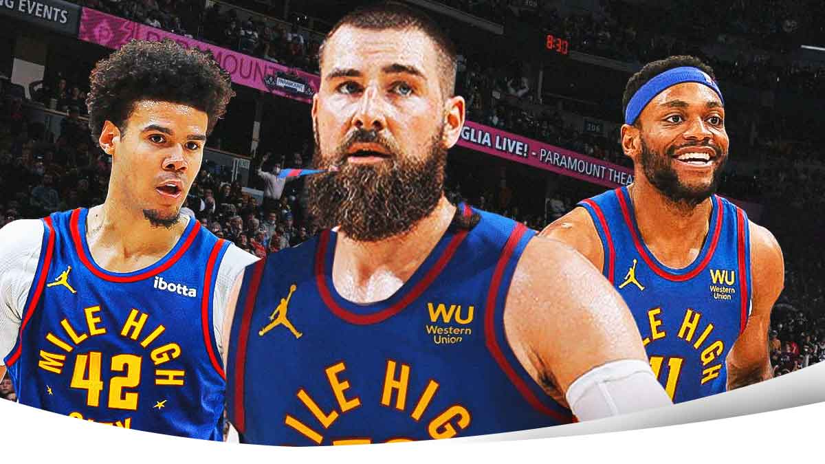 Cam Johnson, Jonas Valanciunas, and Bruce Brown in Nuggets uniforms
