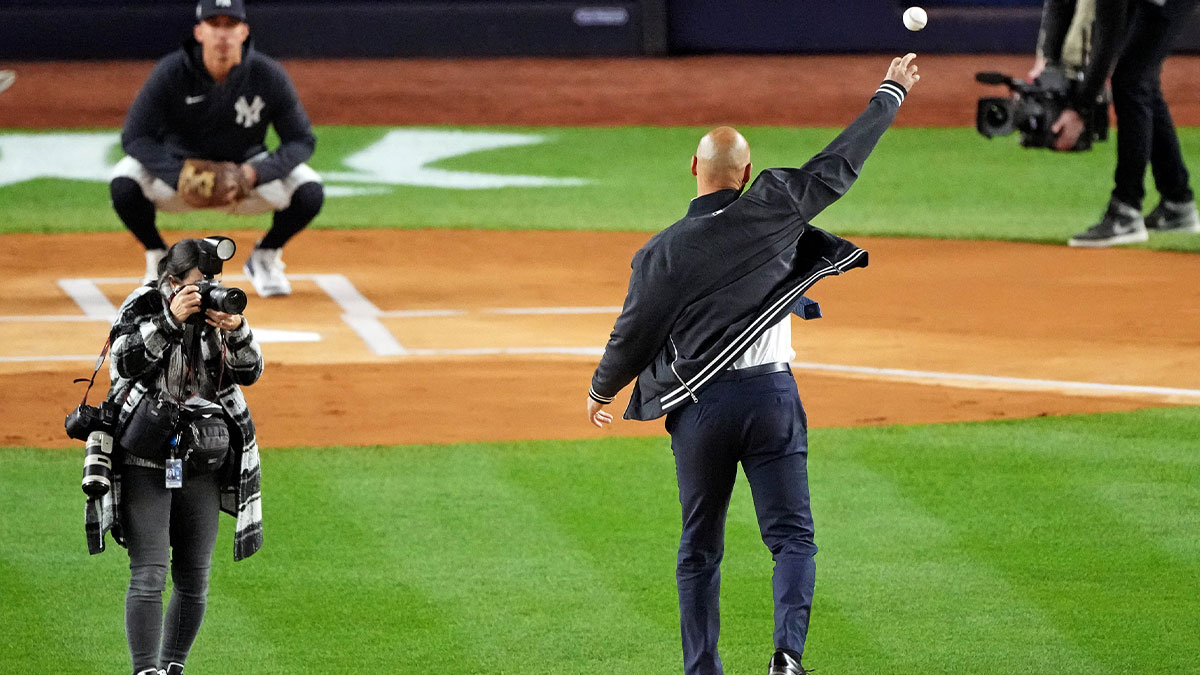 New York Yankees throws out the ceremonial first pitch before game three of the 2024 MLB World Series between the New York Yankees and the Los Angeles Dodgers at Yankee Stadium.