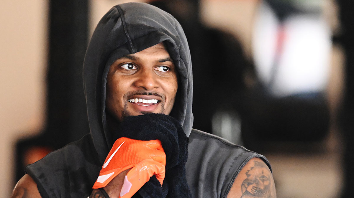 Cleveland Browns quarterback Deshaun Watson (4) works out during mini camp at CrossCountry Mortgage Campus.