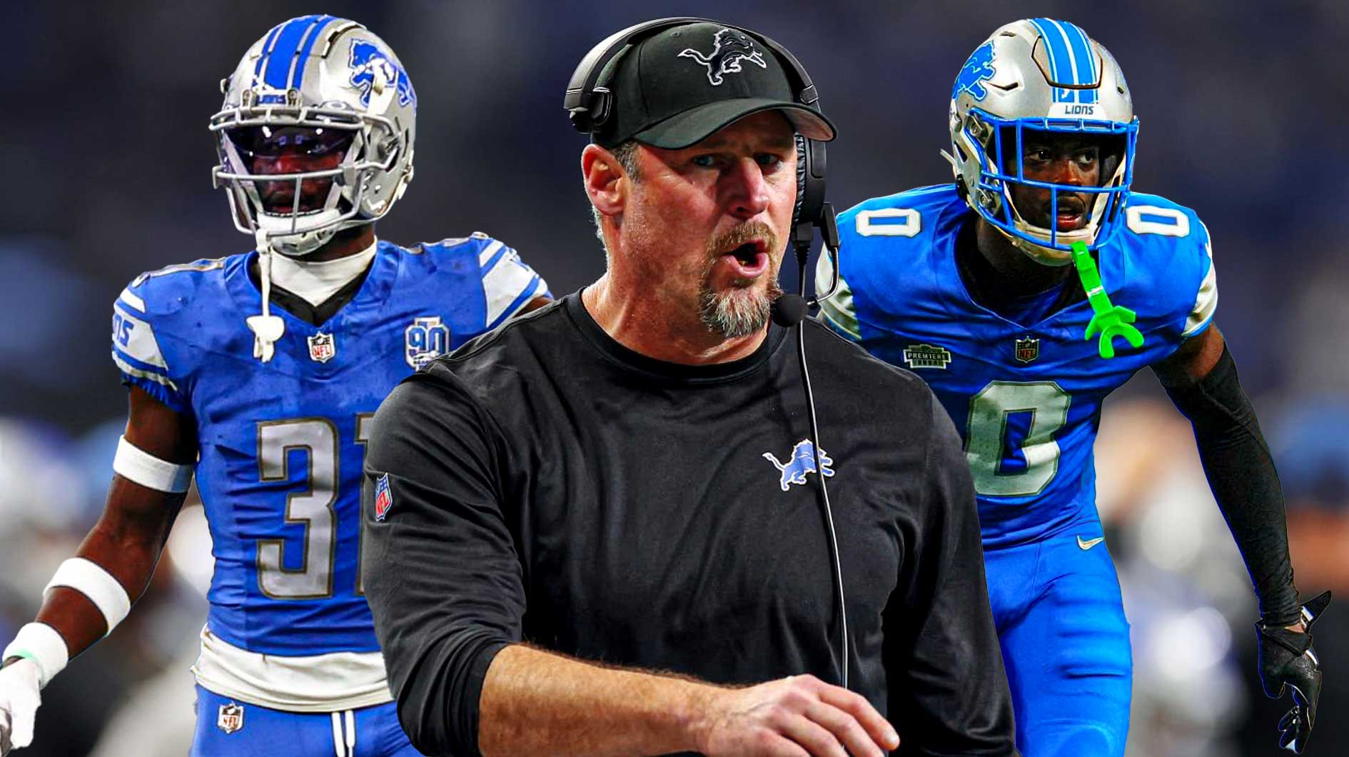 NFL Lions HC Dan Campbell (front, center) with Lions S Kerby Joseph and Lions CB Terrion Arnold behind him. Detroit Lions logo in background
