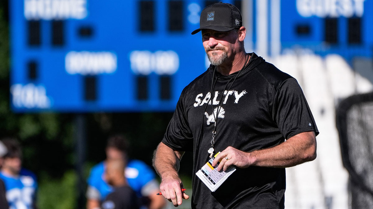 Detroit Lions head coach Dan Campbell watches practice during training camp at Meijer Performance Center in Allen Park