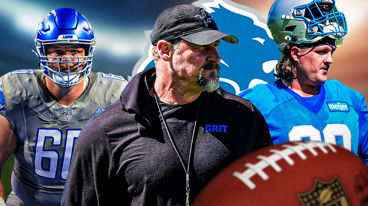 Detroit Lions head coach Dan Campbell with offensive linemen Graham Glasgow and Tate Ratledge. There is also a logo for the Detroit Lions.