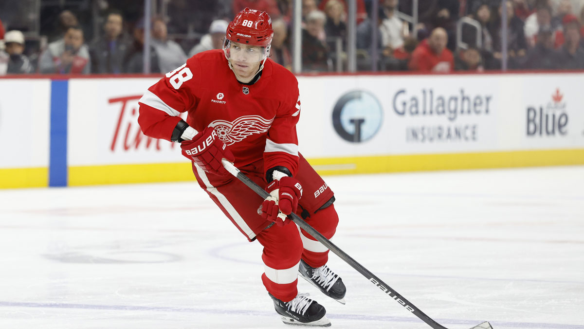 Detroit Red Wings right wing Patrick Kane (88) skates with the puck in the second period against the Tampa Bay Lightning at Little Caesars Arena.