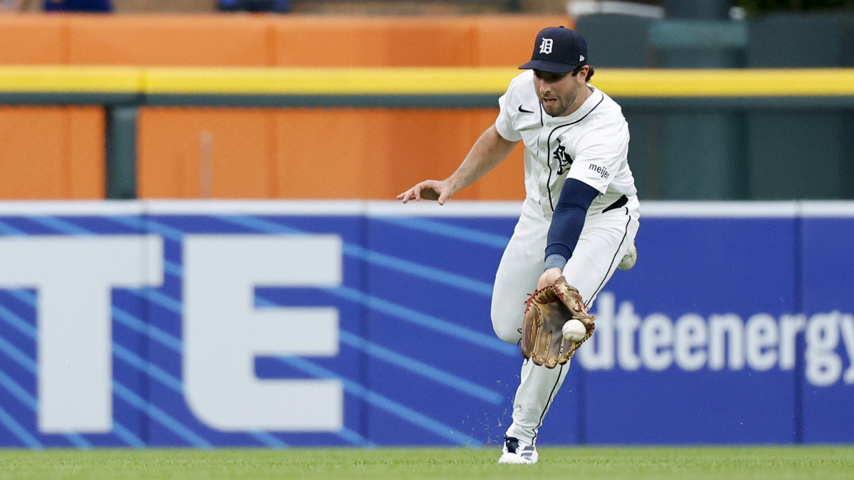 Detroit Tigers outfielder Matt Vierling (8) fields a ball in the sixth inning against the Toronto Blue Jays at Comerica Park.