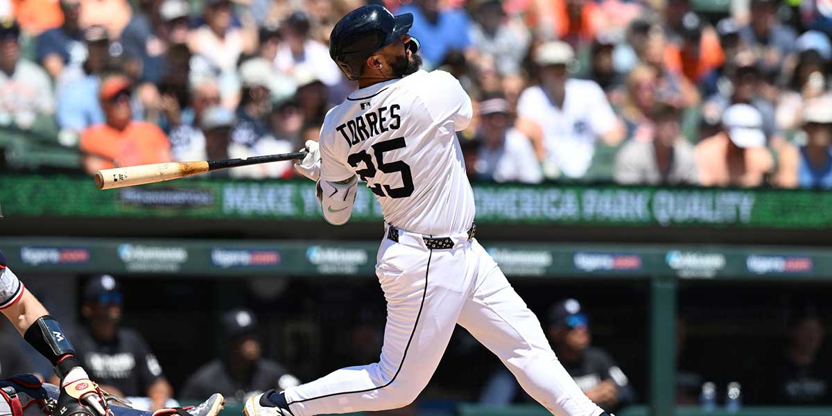 Detroit Tigers second baseman Gleyber Torres (25) hits a two-run home run against the Minnesota Twins in the fourth inning at Comerica Park. All-Star Game
