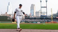 Detroit Tigers pitcher Tarik Skubal (29) walks off the field before the beginning of the game against Chicago Cubs at Comerica Park in Detroit on Friday, June 6, 2025.