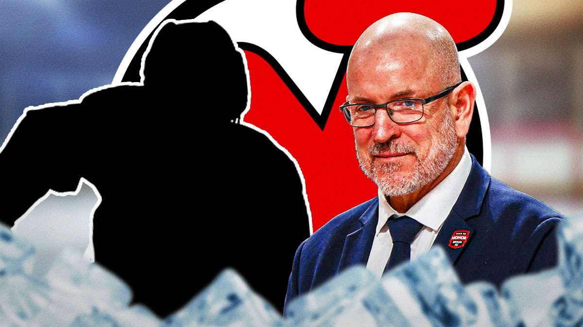 Devils GM Tom Fitzgerald with a mystery player, question marks around them and the Devils logo in the background.