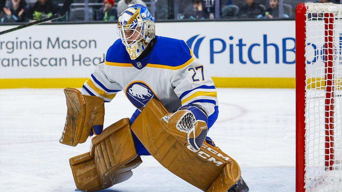 Buffalo Sabres goaltender Devon Levi (27) defends the net without a stick against the Seattle Kraken during the third period at Climate Pledge Arena.