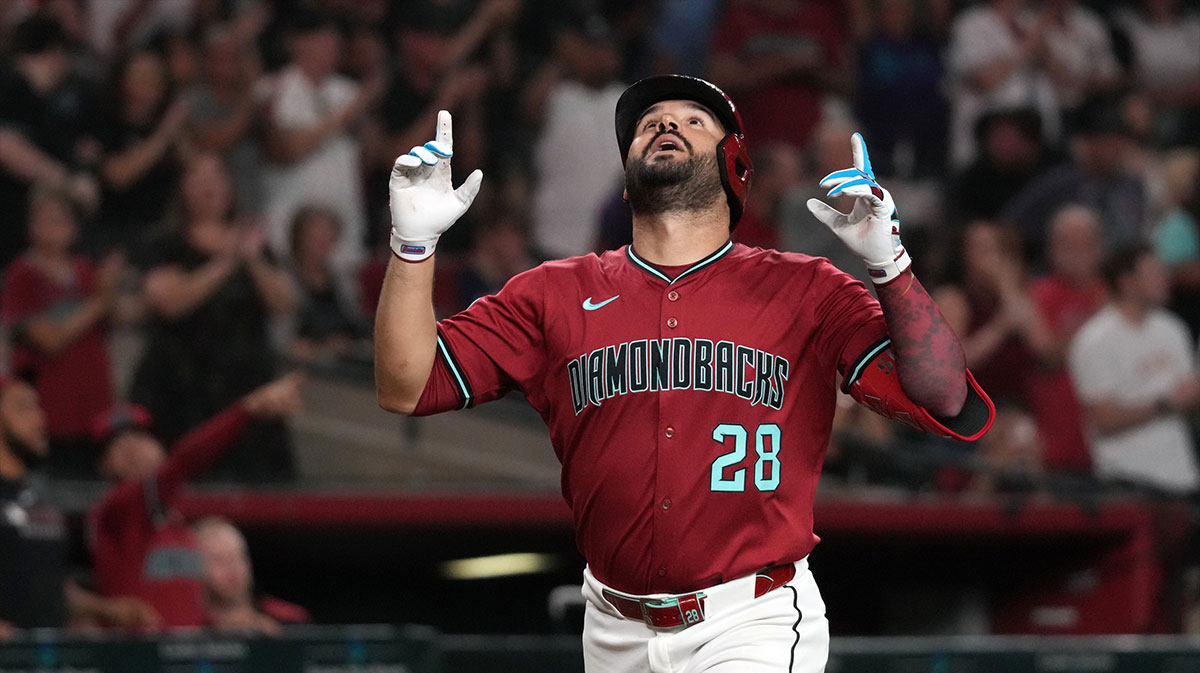 Arizona Diamondbacks third base Eugenio Suarez (28) celebrates after hitting a home run against the Houston Astros in the third inning at Chase Field.