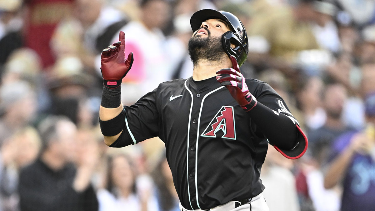 Arizona Diamondbacks third baseman Eugenio Suarez (28) points skyward after hitting a solo home run during the fourth inning against the San Diego Padres at Petco Park.