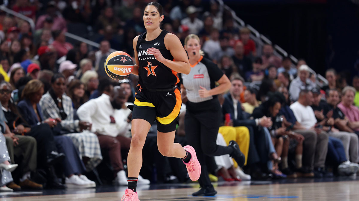 Team Collier guard Kelsey Plum (10) controls the ball against Team Clark in the first half during the 2025 WNBA All Star Game at Gainbridge Fieldhouse.