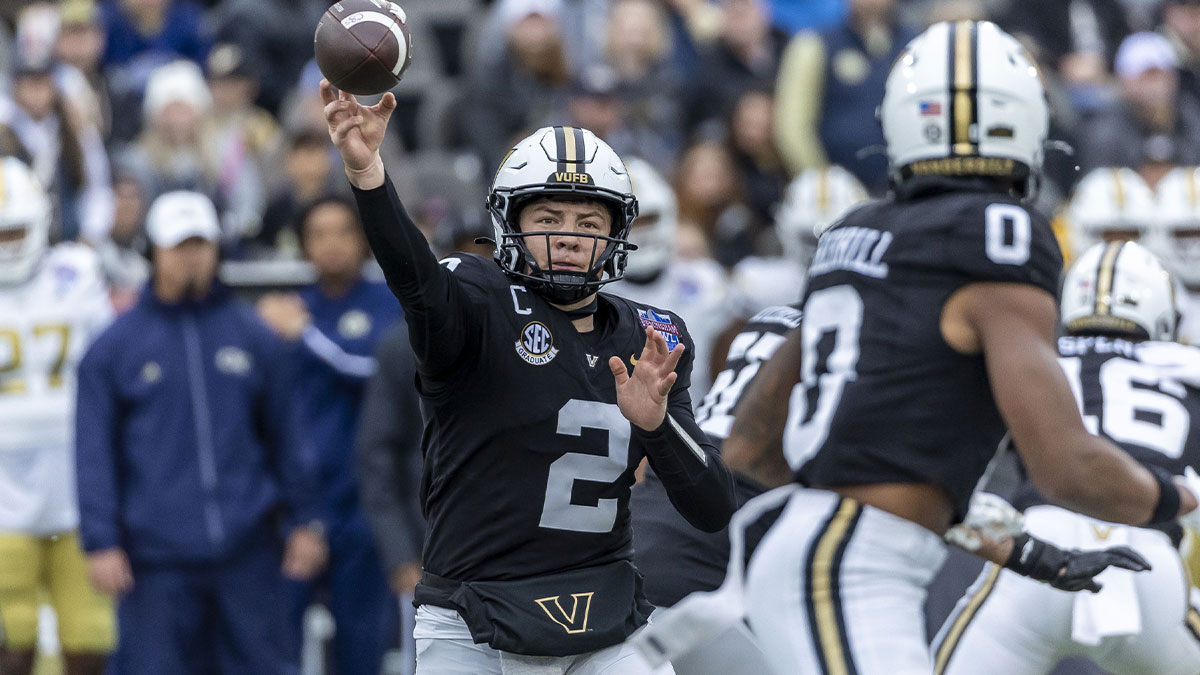 Vanderbilt Commodores quarterback Diego Pavia (2) throws the ball to Vanderbilt Commodores wide receiver Junior Sherrill (0) during the first half of the 2024 Birmingham Bowl at Protective Stadium.