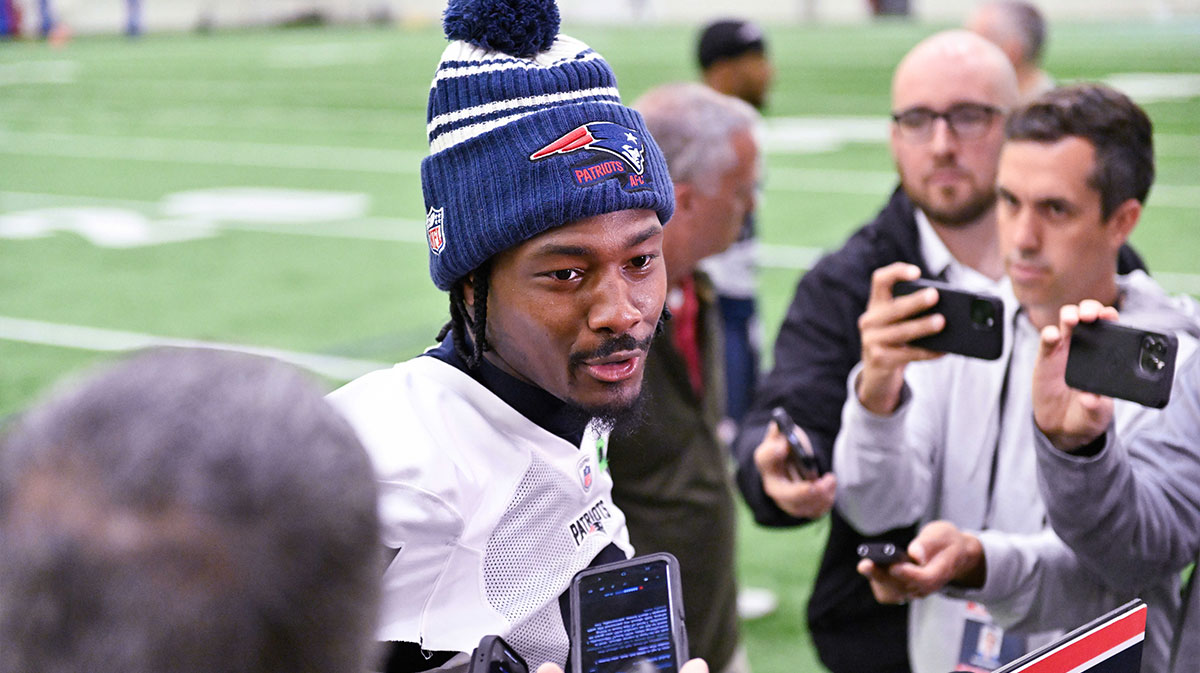 New England Patriots wide receiver Stefon Diggs (8) speaks to the media after minicamp held in the WIN Field House at Gillette Stadium.