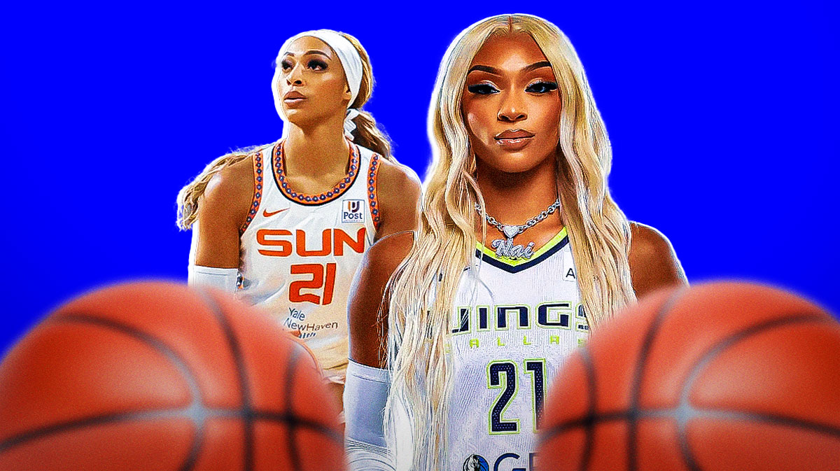 Dallas Wings DiJonai Carrington in front. Connecticut Sun DiJonai Carrington in background shooting a basketball.