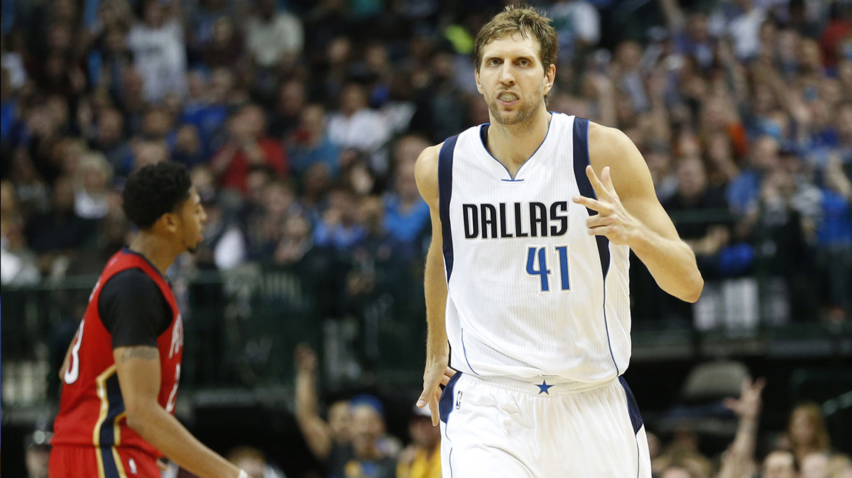 Dallas Mavericks forward Dirk Nowitzki (41) reacts to making a three point basket in the game against the New Orleans Pelicans at American Airlines Center. Dallas on 107-98.