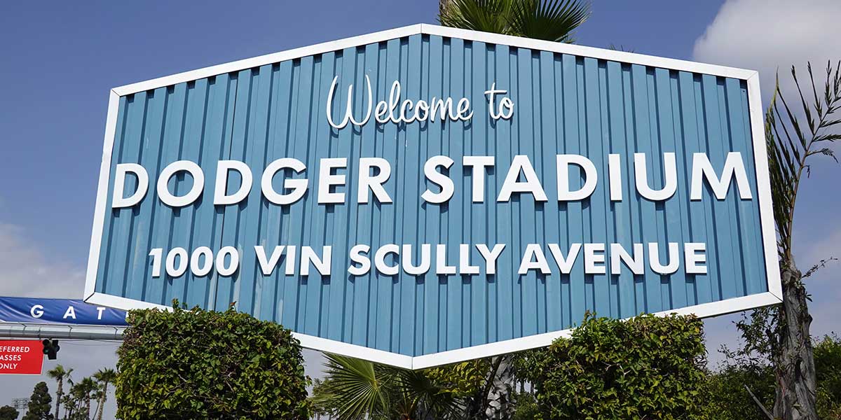 A general view of the Welcome to Dodger Stadium sign at the entrance to Dodger Stadium prior to the game between the Washington Nationals and the Los Angeles Dodgers.