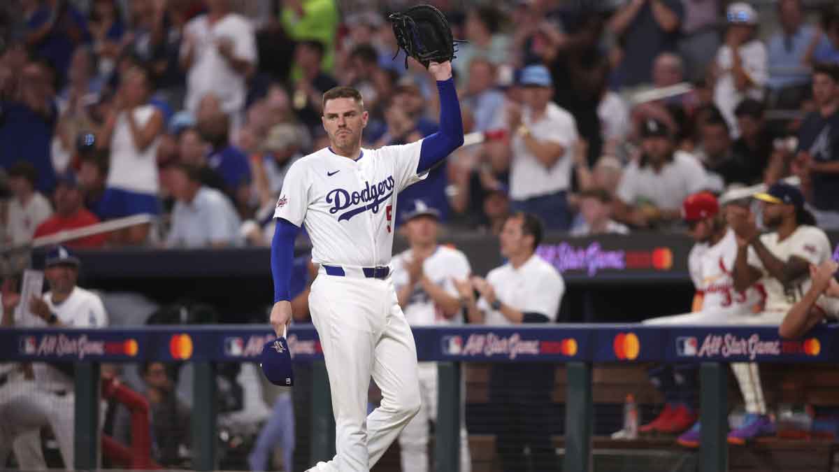 National League first baseman Freddie Freeman (5) of the Los Angeles Dodgers reacts in the third inning during the 2025 MLB All Star Game at Truist Park.