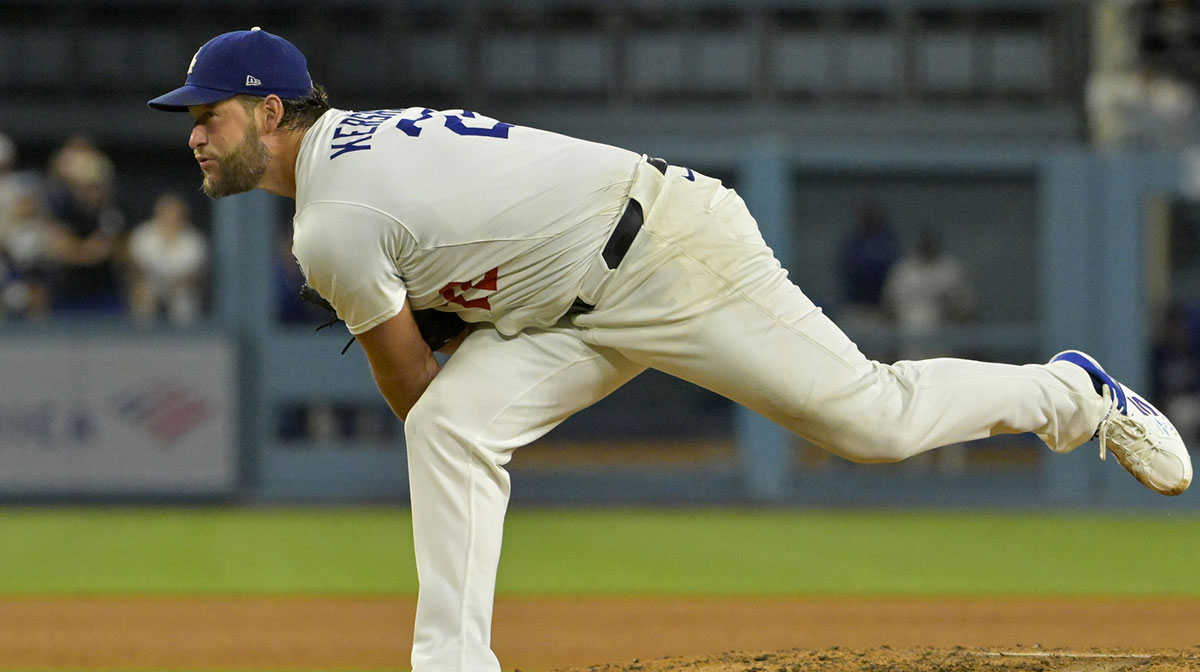 Los Angeles Dodgers starting pitcher Clayton Kershaw (22) throws the pitch for his 3000th strike out during the fifth inning against the Chicago White Sox at Dodger Stadium. Kershaw recorded his 3000th career strikeout in the sixth inning.