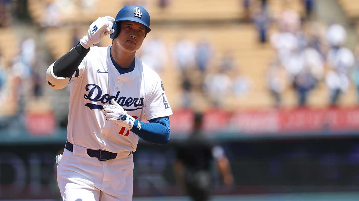 Los Angeles Dodgers designated hitter Shohei Ohtani (17) celebrates a solo home run during the first inning against the Minnesota Twins at Dodger Stadium.