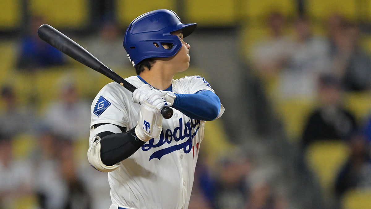 Los Angeles Dodgers designated hitter Shohei Ohtani (17) hits a two-run home run during the ninth inning against the Minnesota Twins at Dodger Stadium. Ohtani blasted a pitch from Jhoan Duran.