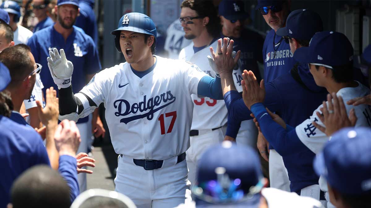 Los Angeles Dodgers designated hitter Shohei Ohtani (17) celebrates a solo home run during the first inning against the Minnesota Twins at Dodger Stadium.