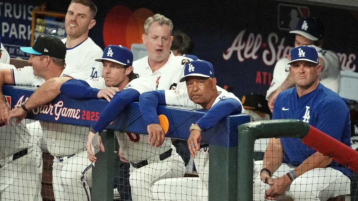 National League manager Dave Roberts of the Los Angeles Dodgers looks on during the second inning during the 2025 MLB All Star Game at Truist Park.
