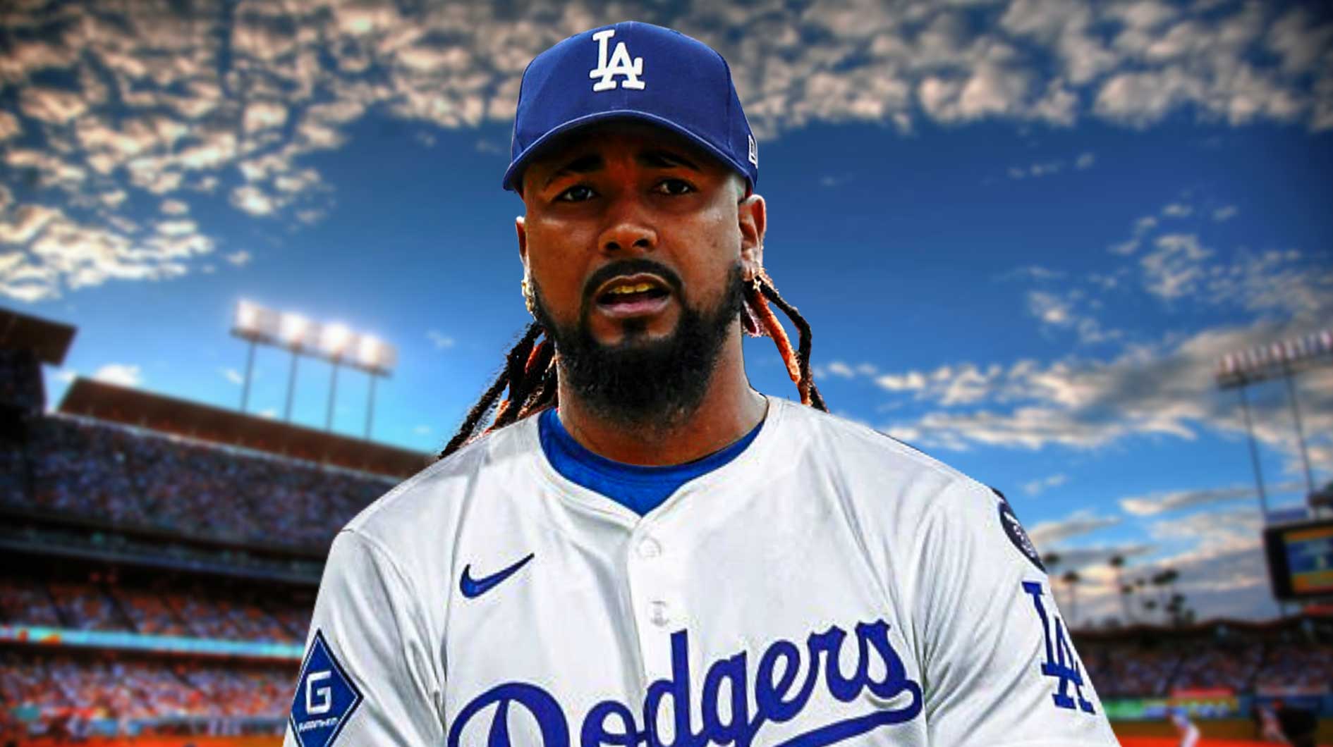 Emmanuel Clase in a Dodgers jersey. Place Dodger Stadium in background.