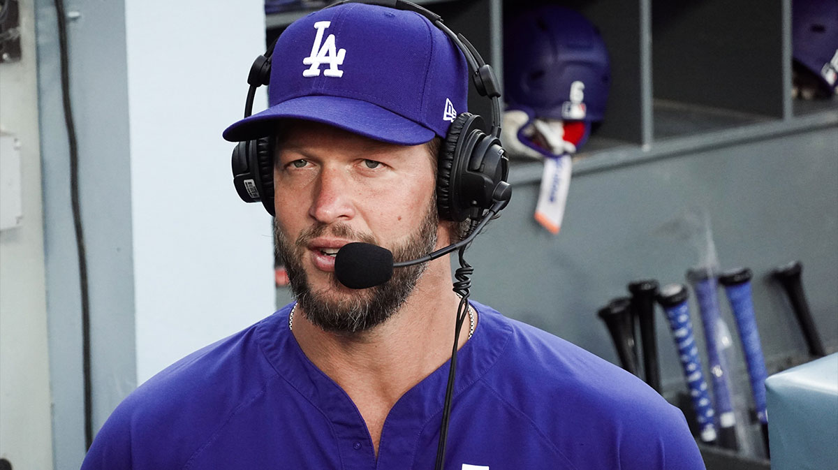 Los Angeles Dodgers starting pitcher Clayton Kershaw (22) speaks to the media before the game against the Chicago White Sox at Dodger Stadium. Clayton Kershaw was named to the MLB All-Star Game for the 11th time.