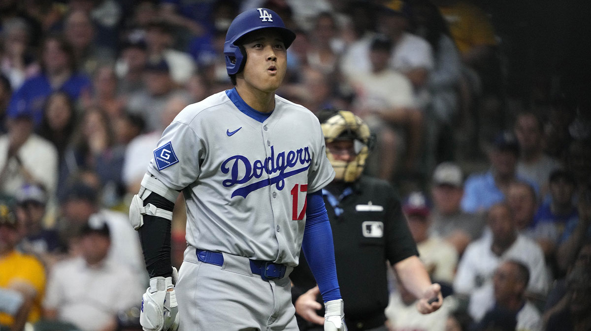Jul 7, 2025; Milwaukee, Wisconsin, USA; Los Angeles Dodgers two-way player Shohei Ohtani (17) walks away from the batter’s box after being called out on strikes against the Milwaukee Brewers in the sixth inning.at American Family Field.