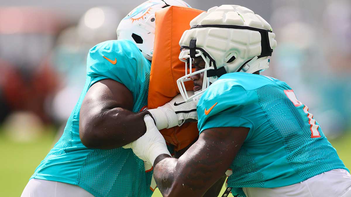 Miami Dolphins offensive tackle Bayron Matos (79) works out during a joint practice with the Atlanta Falcons at Baptist Health Training Complex.