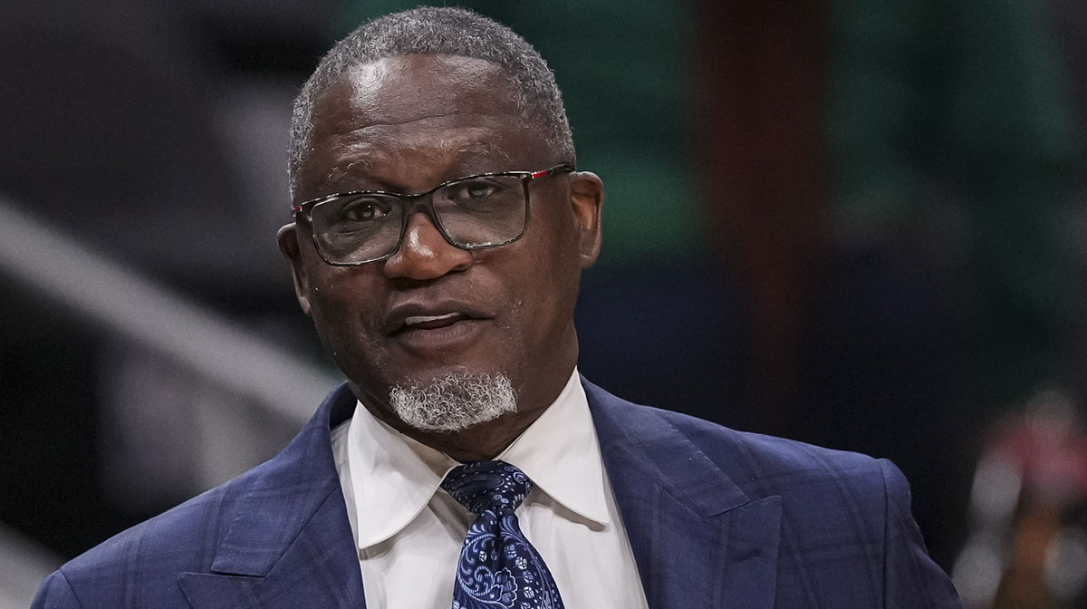 NBA Hall of Fame player Dominique Wilkins on the court before the game between the Atlanta Hawks and the Washington Wizards at State Farm Arena.